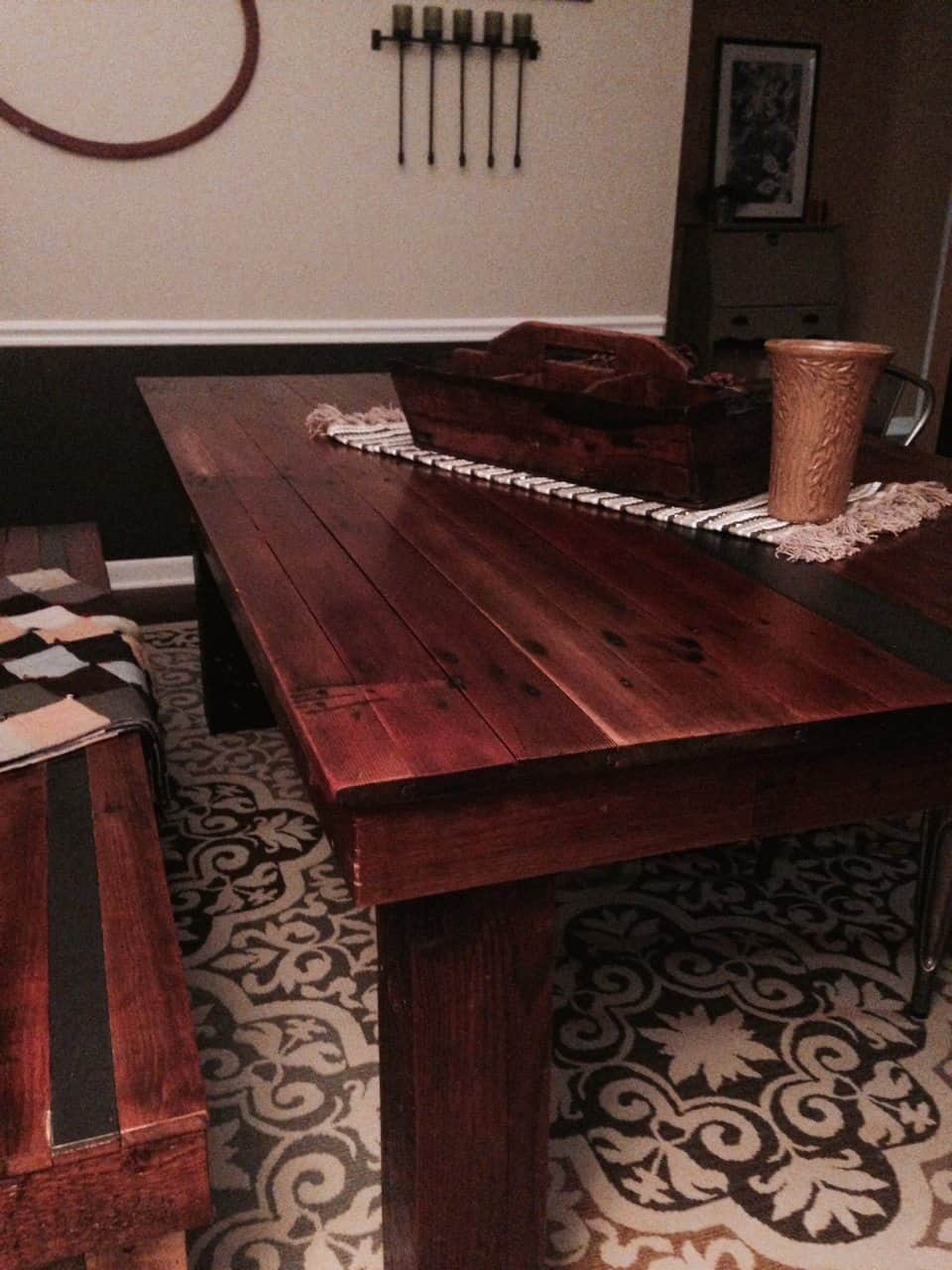 Reclaimed Frederick Farmhouse Table with matching Bench and inlaid Steel