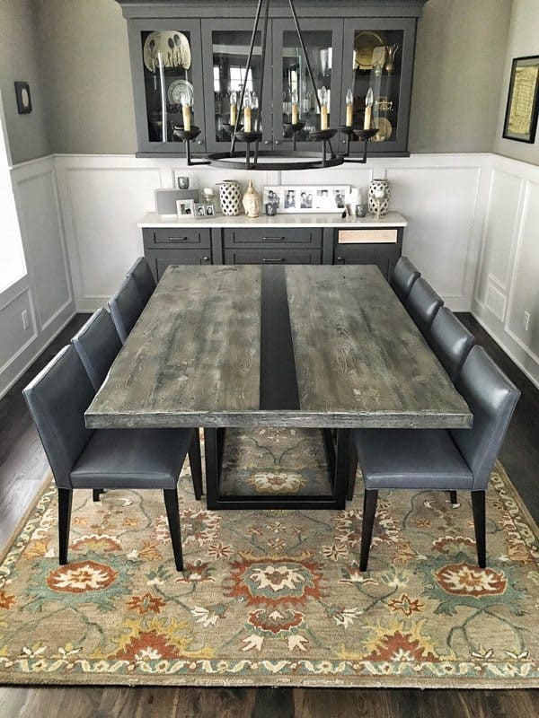 Custom weathered wood ebony glaze dining table finish with steel base