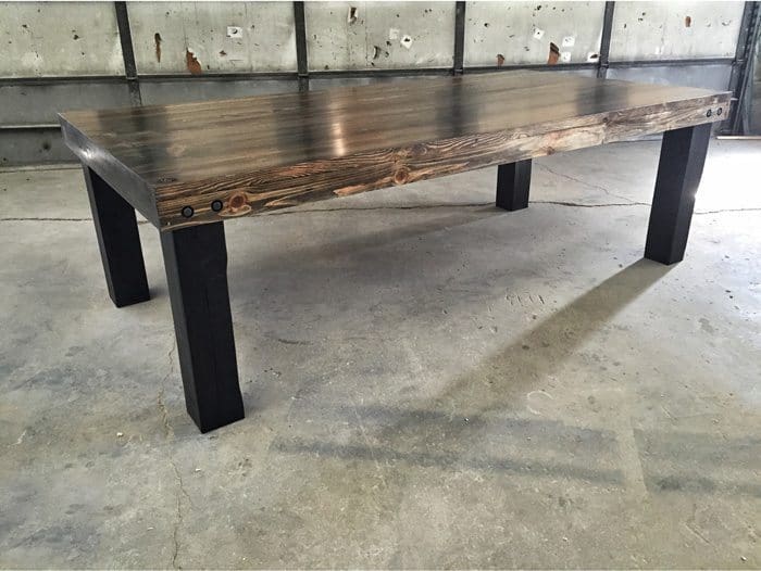 Frederick - Reclaimed Wood Farmhouse Dining Table Timber Legs and Exposed Hardware - Ebony Stain
