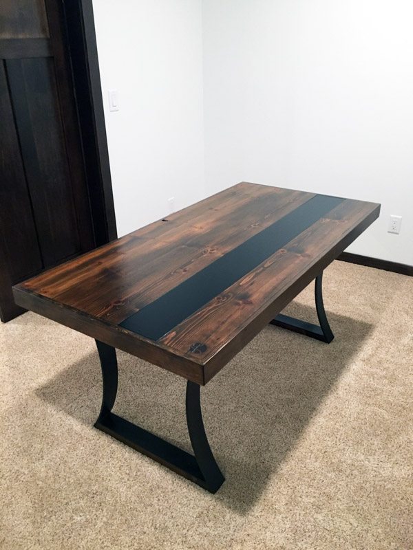 Reclaimed Wood Custom Office Desk with Steel Inlay and Bent Steel Legs - Dark Walnut