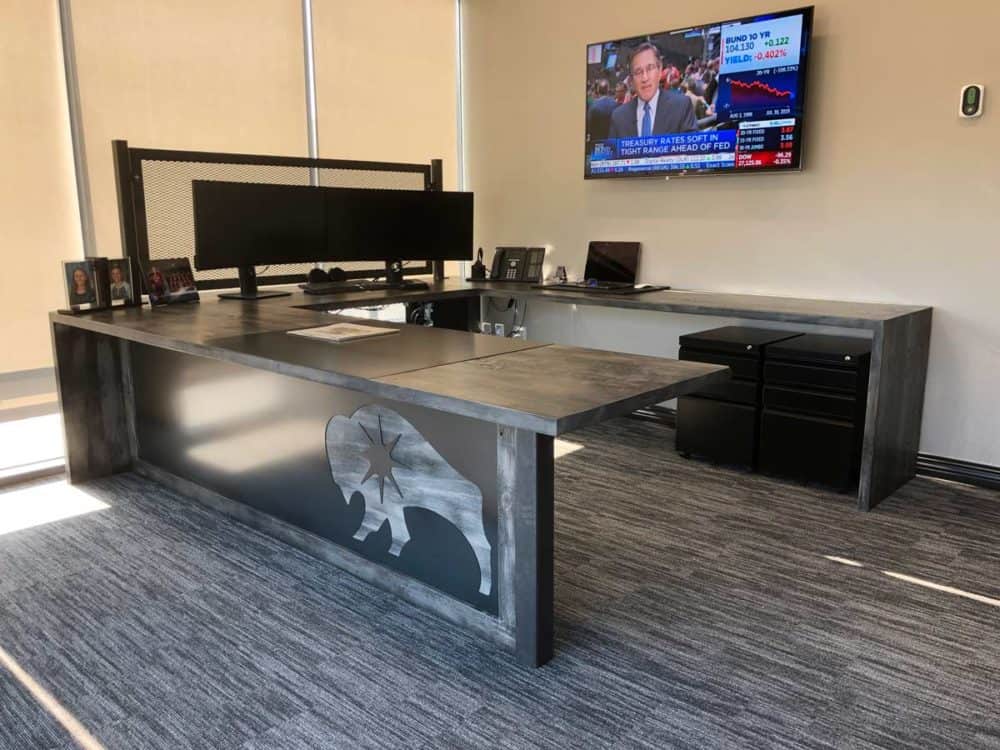 Executive U-Shaped Office Desk with Industrial Accents and Custom Logo