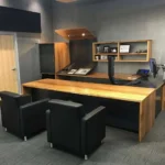 All Finish Concrete Executive Desk custom drafting table and cabinet laser cut steel privacy panel
