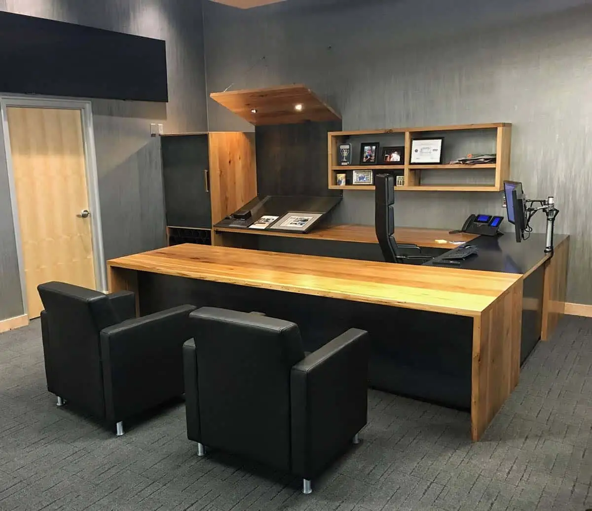 All Finish Concrete Executive Desk custom drafting table and cabinet laser cut steel privacy panel