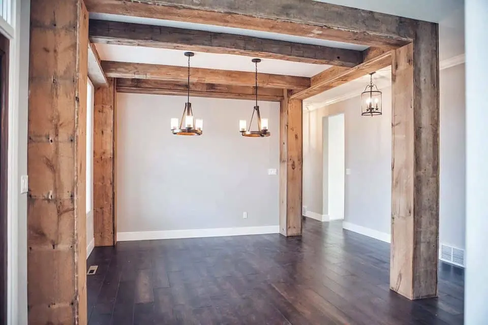 living room with wooden beams