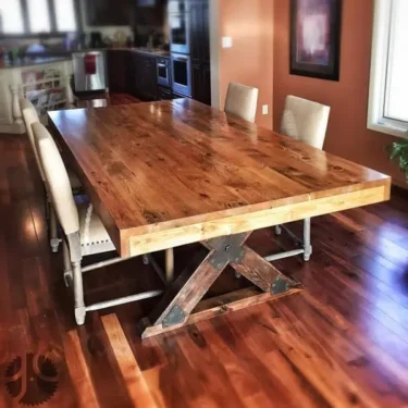 X-Brace Two Tone Dining Table from Reclaimed Barn Pine with Steel Accents