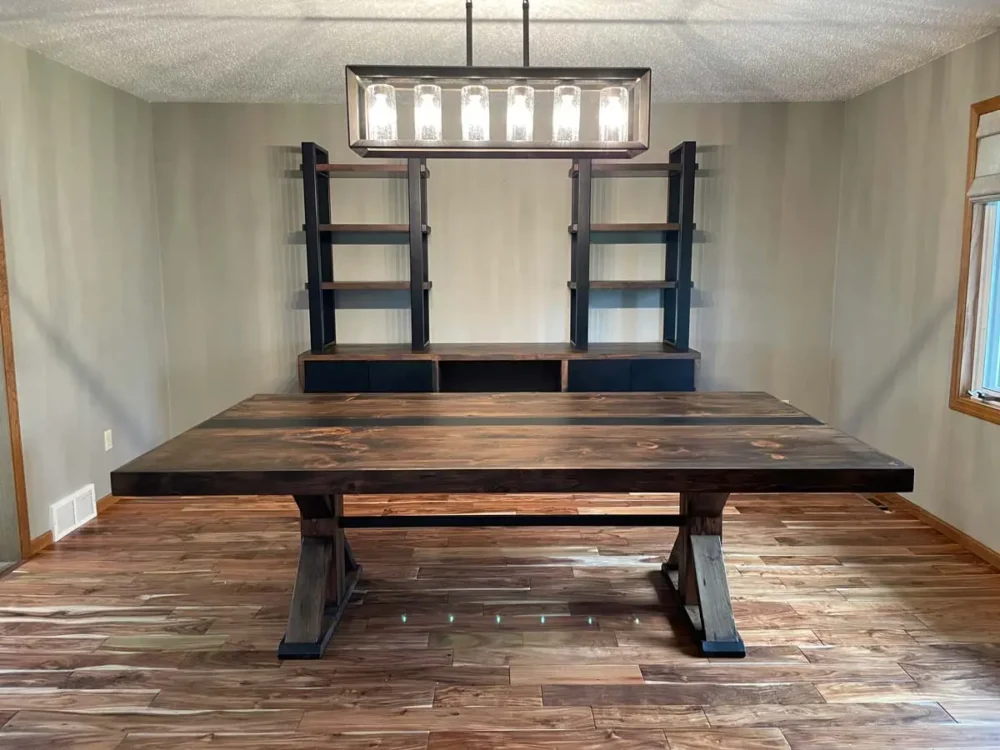 CUSTOM WOOD DINING TABLE OXBOW TRESTLE DARK WALNUT CREDENZA SHELVING UNIT METAL INLAY BROWN TIMBER