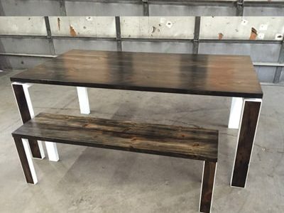 9 Custom - Black and White Modern Rustic Wood Dining Table and Bench Set with White Steel Legs and Inset Wood - Ebony Stain