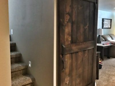 Custom J Track Basement Closet and Stair Sliding Barn Door Solution -Dark Walnut Finish