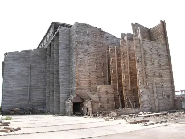 Globe Grain elevator tear down - stacks of laminated white pine