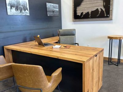 Unstained white oak exectutive L Desk steel privacy panel