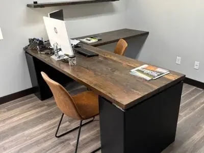 reclaimed dark walnut wood L shaped desk for HOME office WITH SHELF DARK WALNUT STAIN